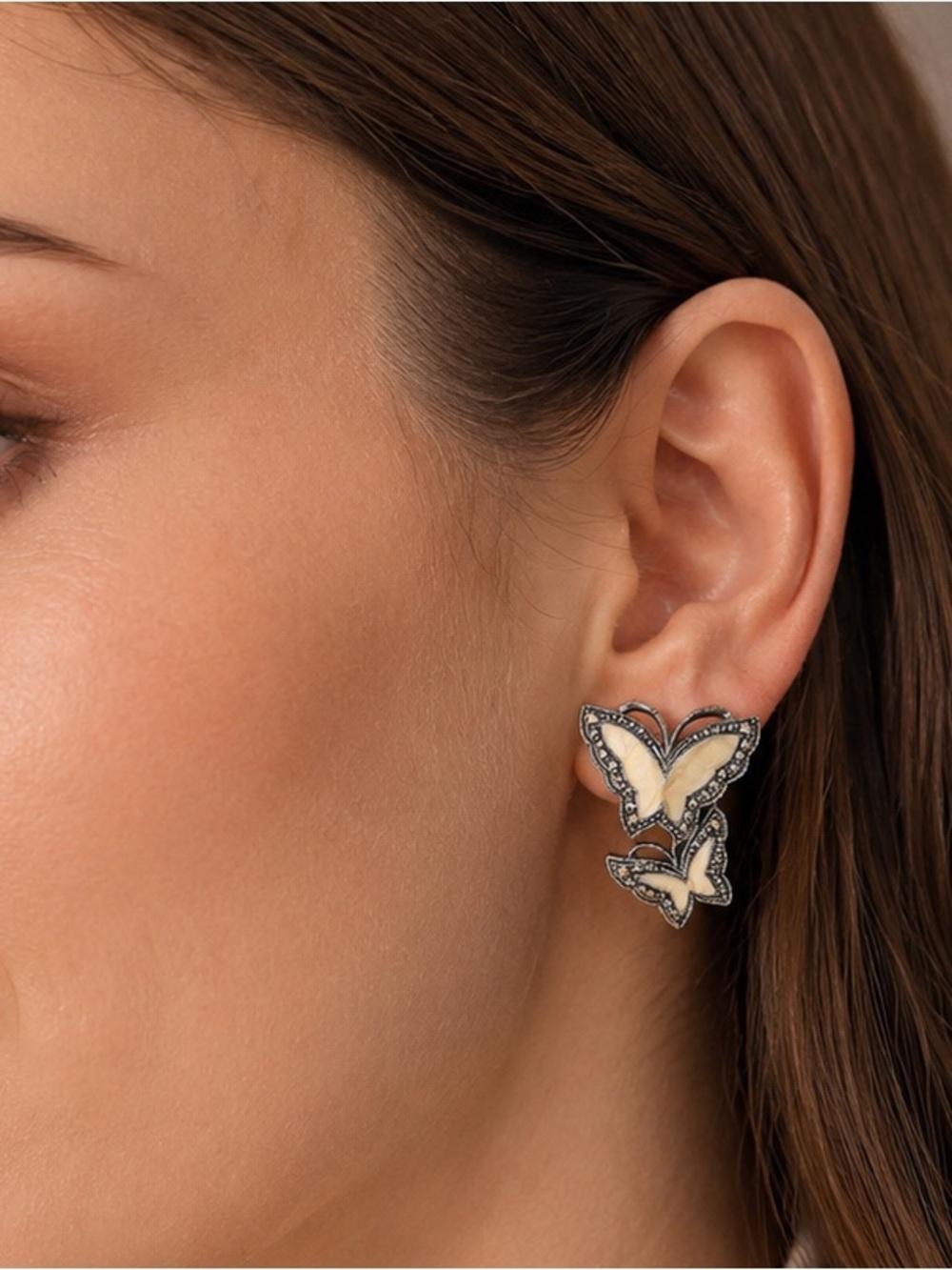 Vintage Butterfly Statement Drop Earrings Gunmetal Ivory Enamel Marcasite Style